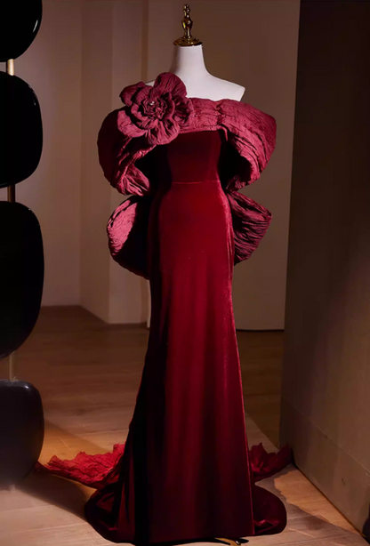 Pretty Off-Shoulder Red Velvet Mermaid Sweet 16th Dresses Bow Train Handmade Flower Beads Prom Dress AP5558
