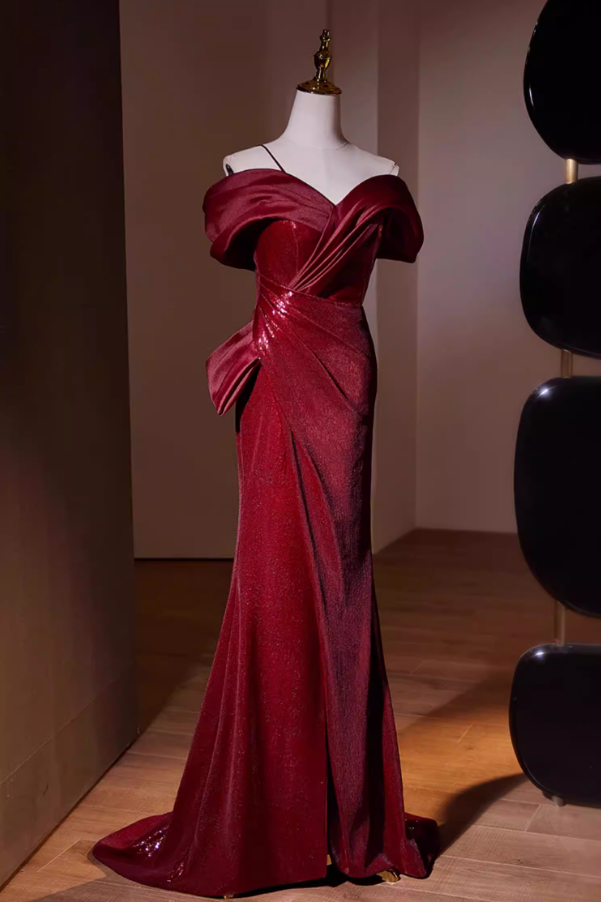 Fancy Off-Shoulder Slit Mermaid Sweet 16th Dresses Sequins Red Pleated Prom Dress AP5559