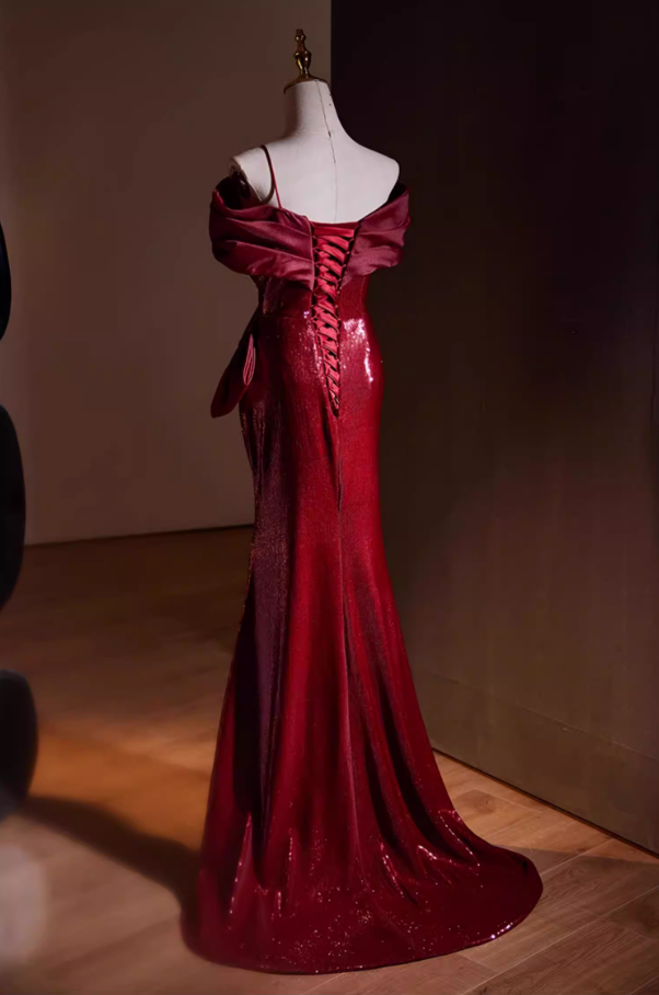 Fancy Off-Shoulder Slit Mermaid Sweet 16th Dresses Sequins Red Pleated Prom Dress AP5559