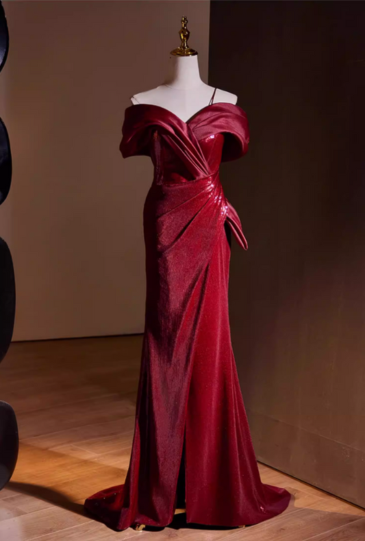 Fancy Off-Shoulder Slit Mermaid Sweet 16th Dresses Sequins Red Pleated Prom Dress AP5559