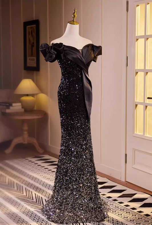 Delicate Ruffled Off-Shoulder Black Mermaid Sweet 16th Dresses Sequins Prom Dress AP5560