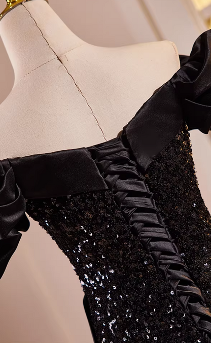 Delicate Ruffled Off-Shoulder Black Mermaid Sweet 16th Dresses Sequins Prom Dress AP5560