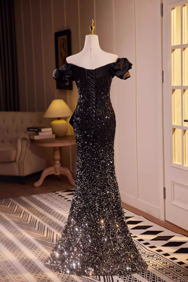 Delicate Ruffled Off-Shoulder Black Mermaid Sweet 16th Dresses Sequins Prom Dress AP5560