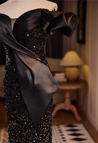 Delicate Ruffled Off-Shoulder Black Mermaid Sweet 16th Dresses Sequins Prom Dress AP5560