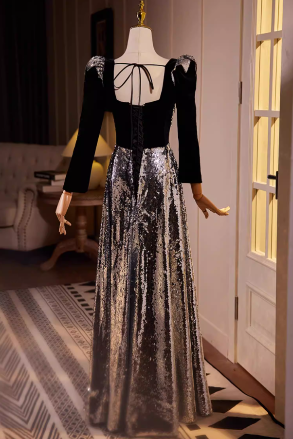 Hot Girls Sweetheart Neck A-Line Black Velvet Sweet 16th Dresses Long Sleeve Silver Sequins Prom Dress AP5561
