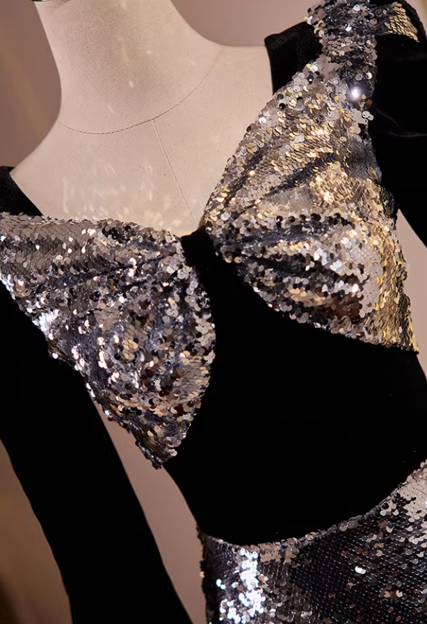 Hot Girls Sweetheart Neck A-Line Black Velvet Sweet 16th Dresses Long Sleeve Silver Sequins Prom Dress AP5561