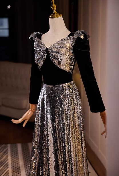 Hot Girls Sweetheart Neck A-Line Black Velvet Sweet 16th Dresses Long Sleeve Silver Sequins Prom Dress AP5561