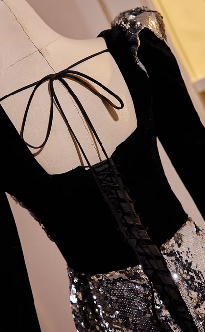 Hot Girls Sweetheart Neck A-Line Black Velvet Sweet 16th Dresses Long Sleeve Silver Sequins Prom Dress AP5561
