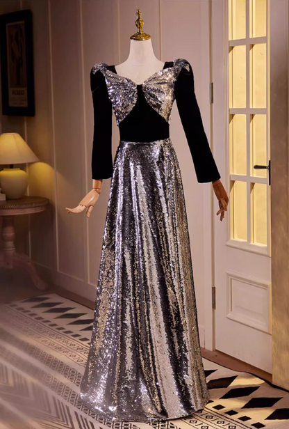 Hot Girls Sweetheart Neck A-Line Black Velvet Sweet 16th Dresses Long Sleeve Silver Sequins Prom Dress AP5561