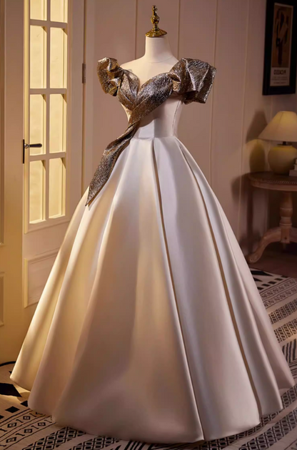 Gen Z Style A-Line Sequins Off-Shoulder Sweet 16th Dresses Satin Prom Dress AP5562