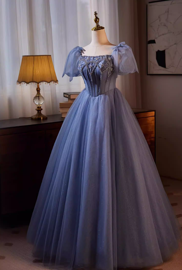Hottie Square Neck A-Line Blue Tulle Sweet 16th Gowns Beading Sequins Crystals Short Sleeve Prom Dress AP5563