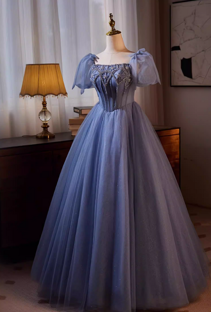 Hottie Square Neck A-Line Blue Tulle Sweet 16th Gowns Beading Sequins Crystals Short Sleeve Prom Dress AP5563