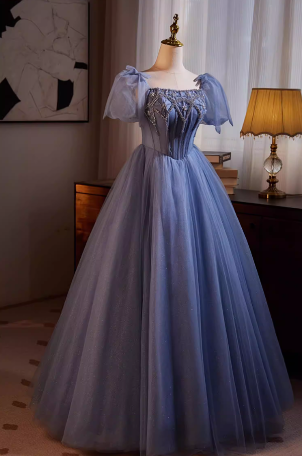 Hottie Square Neck A-Line Blue Tulle Sweet 16th Gowns Beading Sequins Crystals Short Sleeve Prom Dress AP5563