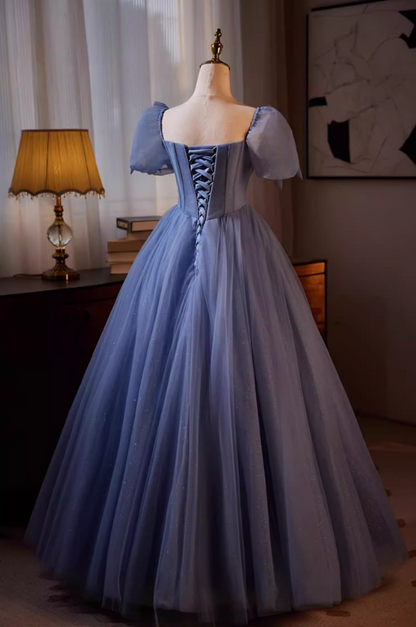 Hottie Square Neck A-Line Blue Tulle Sweet 16th Gowns Beading Sequins Crystals Short Sleeve Prom Dress AP5563