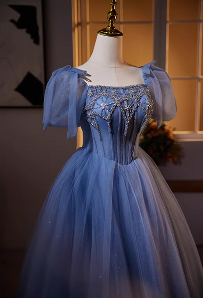 Hottie Square Neck A-Line Blue Tulle Sweet 16th Gowns Beading Sequins Crystals Short Sleeve Prom Dress AP5563