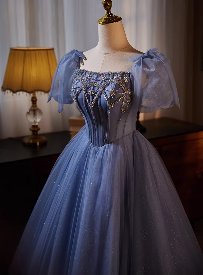 Hottie Square Neck A-Line Blue Tulle Sweet 16th Gowns Beading Sequins Crystals Short Sleeve Prom Dress AP5563
