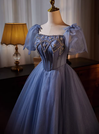 Hottie Square Neck A-Line Blue Tulle Sweet 16th Gowns Beading Sequins Crystals Short Sleeve Prom Dress AP5563