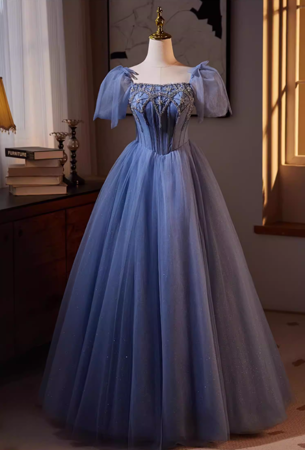 Hottie Square Neck A-Line Blue Tulle Sweet 16th Gowns Beading Sequins Crystals Short Sleeve Prom Dress AP5563
