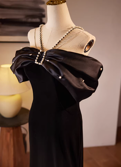 Gothic-Style Off-Shoulder Mermaid Sweet 16th Dresses Pearls Black Prom Dress AP5564