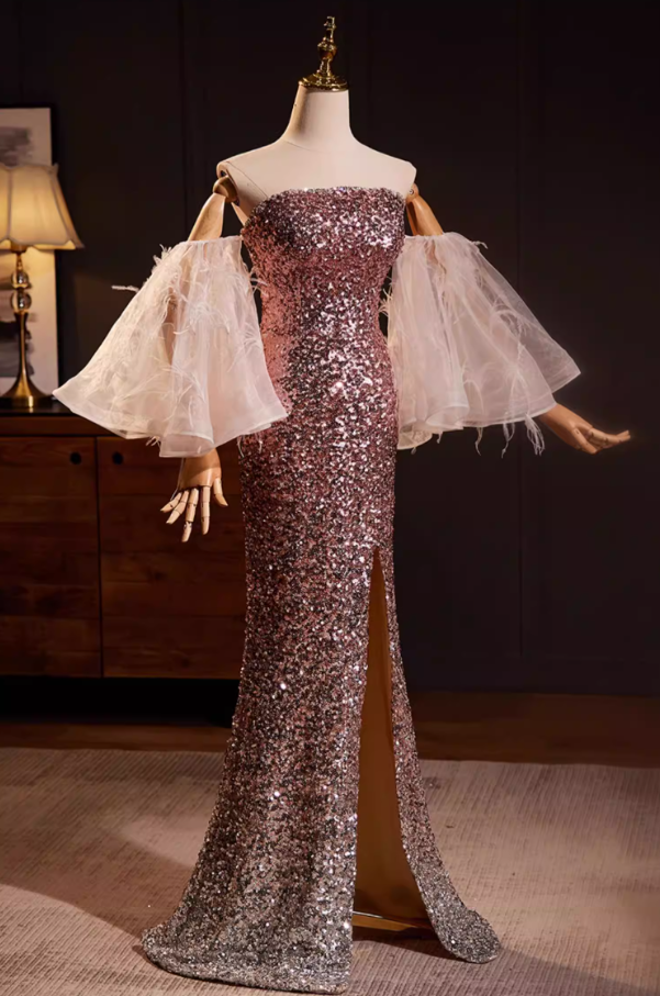 Sexy Off-Shoulder High-Slit Mermaid Sweet 16th Dresses Puff Feather Long Sleeve Sequins Prom Dress AP5565