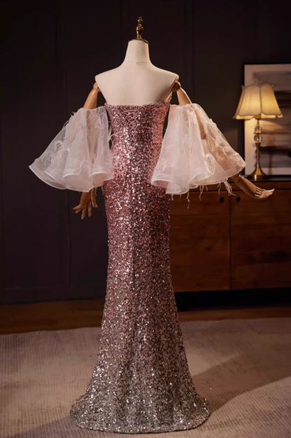 Sexy Off-Shoulder High-Slit Mermaid Sweet 16th Dresses Puff Feather Long Sleeve Sequins Prom Dress AP5565