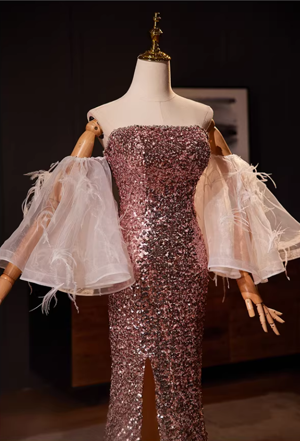 Sexy Off-Shoulder High-Slit Mermaid Sweet 16th Dresses Puff Feather Long Sleeve Sequins Prom Dress AP5565