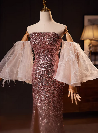 Sexy Off-Shoulder High-Slit Mermaid Sweet 16th Dresses Puff Feather Long Sleeve Sequins Prom Dress AP5565