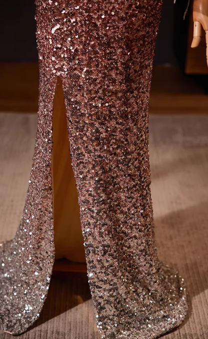 Sexy Off-Shoulder High-Slit Mermaid Sweet 16th Dresses Puff Feather Long Sleeve Sequins Prom Dress AP5565