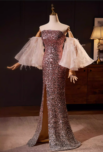 Sexy Off-Shoulder High-Slit Mermaid Sweet 16th Dresses Puff Feather Long Sleeve Sequins Prom Dress AP5565