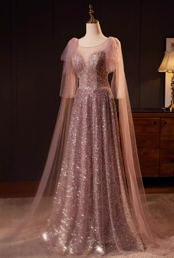 Casual Jewel Neck A-Line Sweet 16th Dresses Tulle Long Sleeve Sequins Prom Dress AP5566