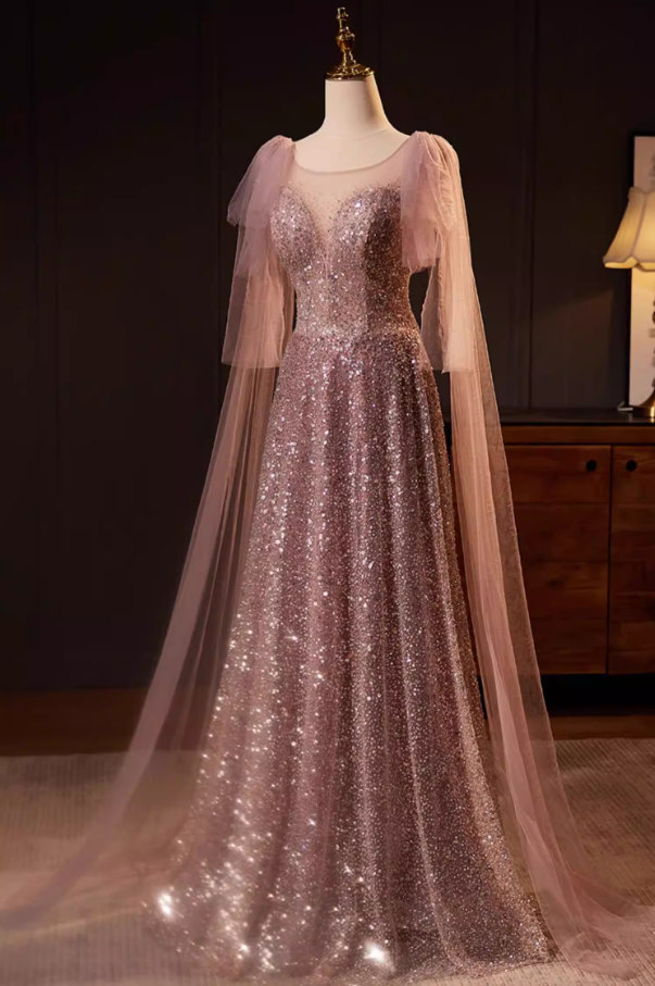 Casual Jewel Neck A-Line Sweet 16th Dresses Tulle Long Sleeve Sequins Prom Dress AP5566