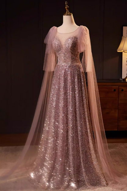 Casual Jewel Neck A-Line Sweet 16th Dresses Tulle Long Sleeve Sequins Prom Dress AP5566
