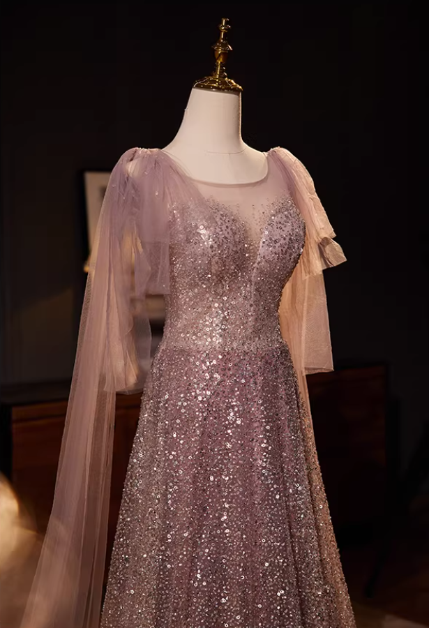 Casual Jewel Neck A-Line Sweet 16th Dresses Tulle Long Sleeve Sequins Prom Dress AP5566