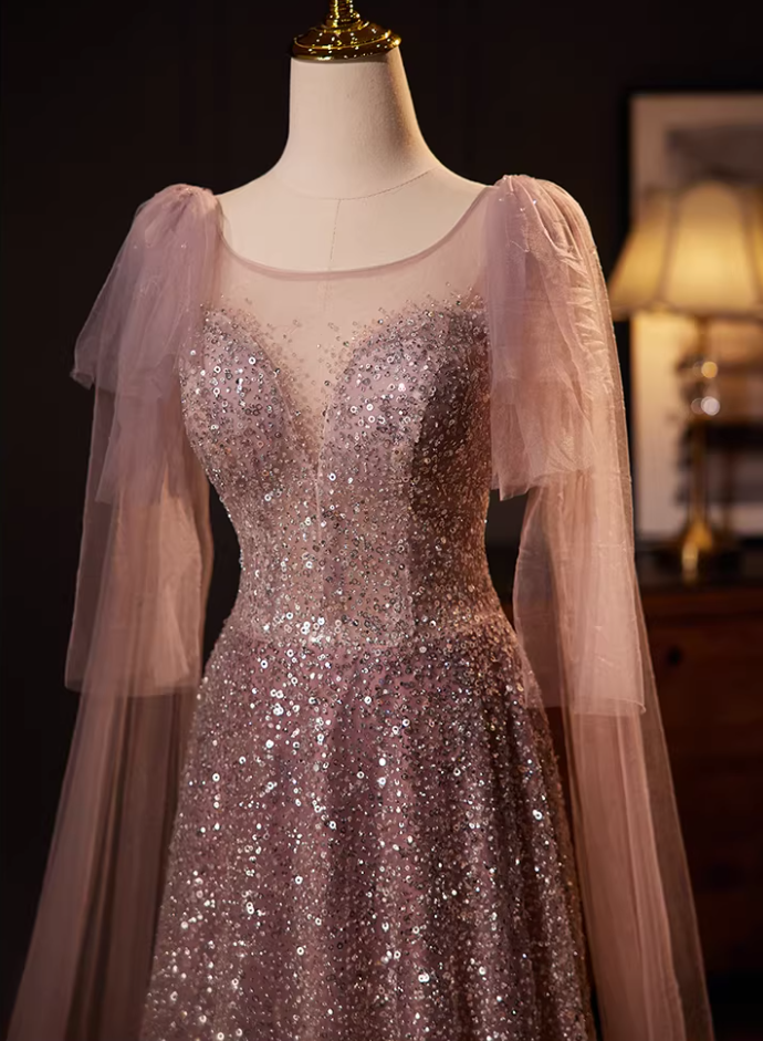 Casual Jewel Neck A-Line Sweet 16th Dresses Tulle Long Sleeve Sequins Prom Dress AP5566