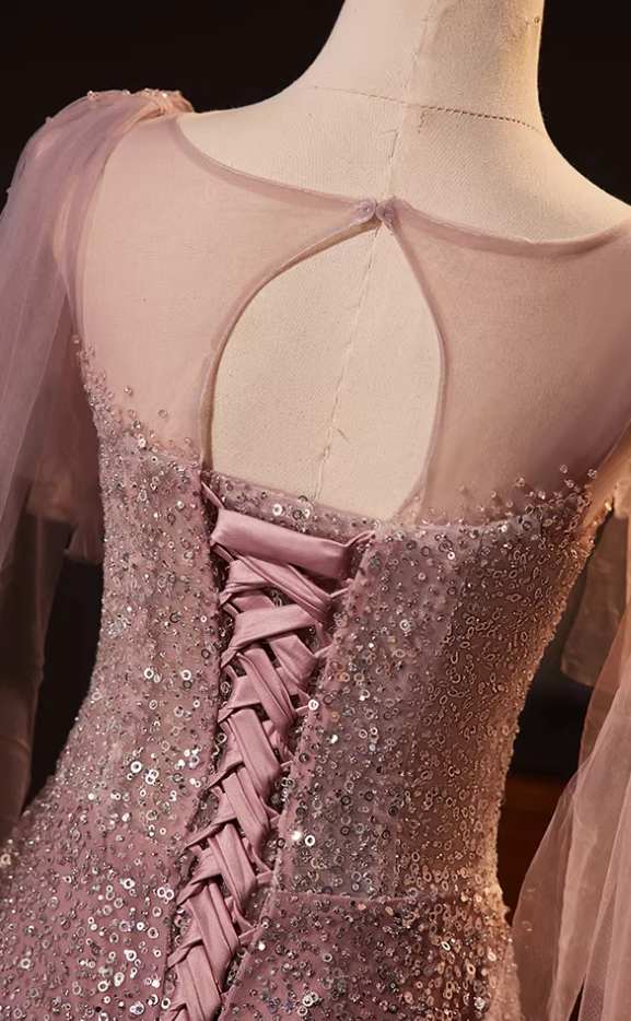 Casual Jewel Neck A-Line Sweet 16th Dresses Tulle Long Sleeve Sequins Prom Dress AP5566