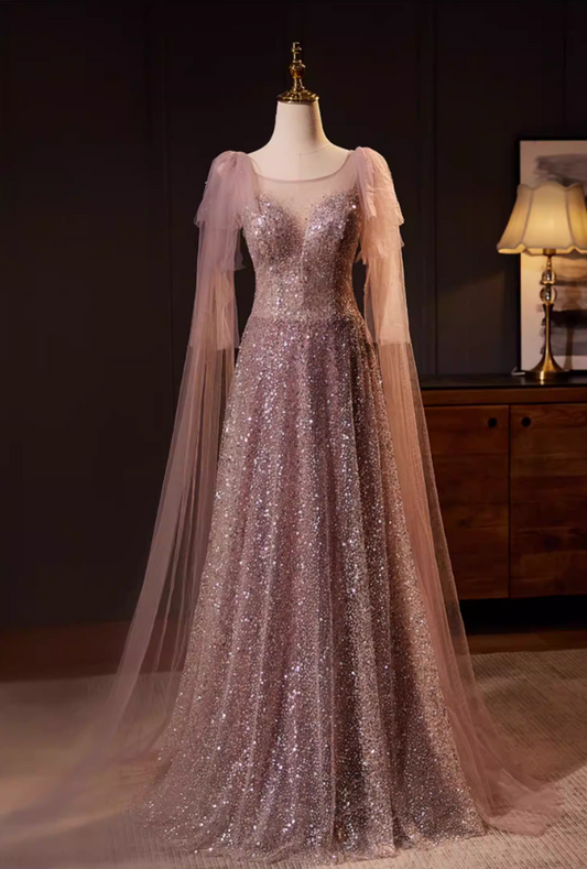 Casual Jewel Neck A-Line Sweet 16th Dresses Tulle Long Sleeve Sequins Prom Dress AP5566