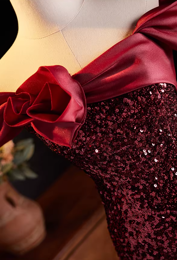 Y2K Off-Shoulder Red Mermaid Sweet 16th Dresses Sequins Handmade Flower Prom Dress AP5567
