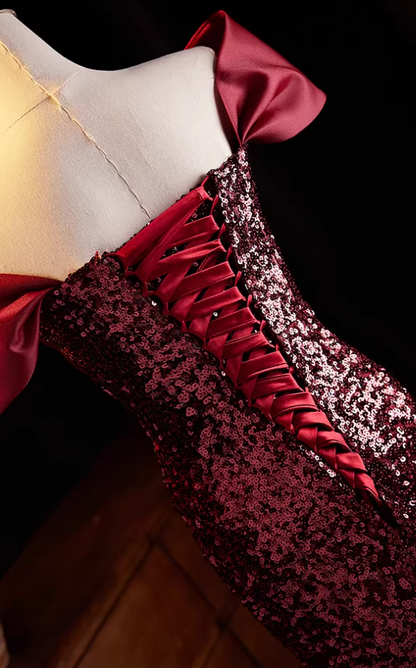 Y2K Off-Shoulder Red Mermaid Sweet 16th Dresses Sequins Handmade Flower Prom Dress AP5567