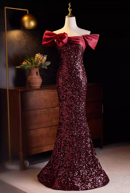 Y2K Off-Shoulder Red Mermaid Sweet 16th Dresses Sequins Handmade Flower Prom Dress AP5567