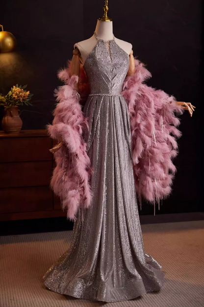 Retro Beaded Halter Neck Sweet 16 Gowns A-Line Sequins Prom Dress AP5568