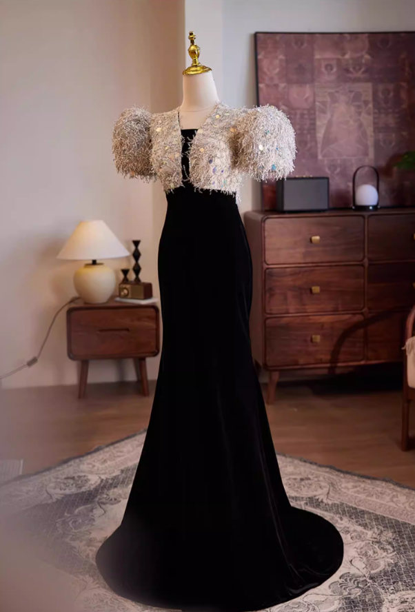 New Tendency Strapless Mermaid Evening Dresses Sequins Puff Short Sleeve Prom Dress AP5569