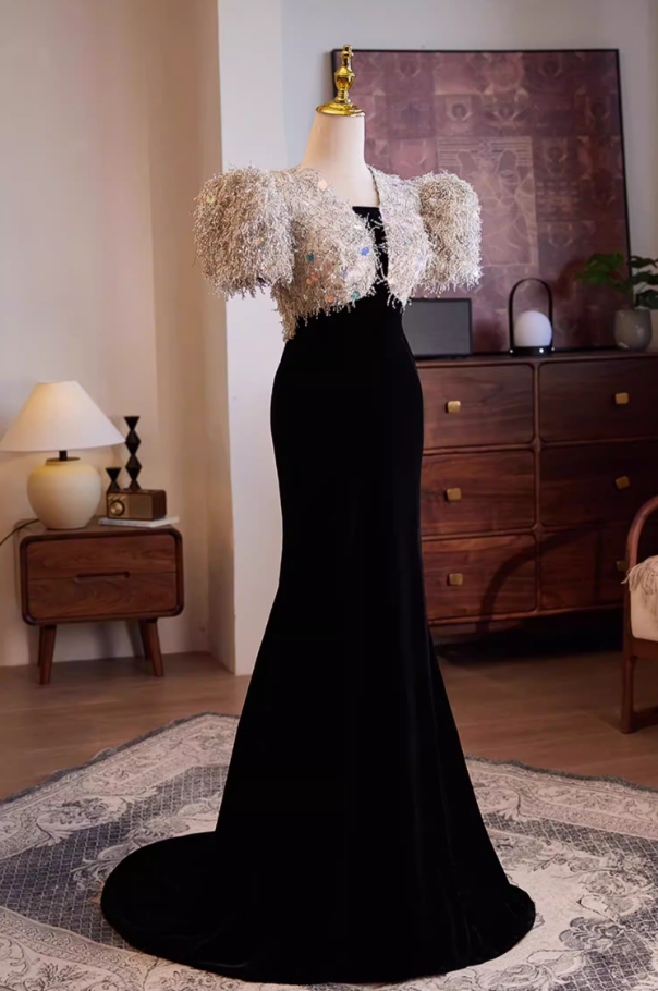 New Tendency Strapless Mermaid Evening Dresses Sequins Puff Short Sleeve Prom Dress AP5569