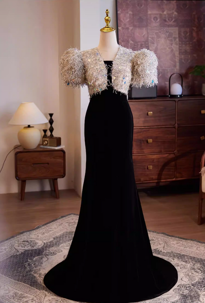 New Tendency Strapless Mermaid Evening Dresses Sequins Puff Short Sleeve Prom Dress AP5569