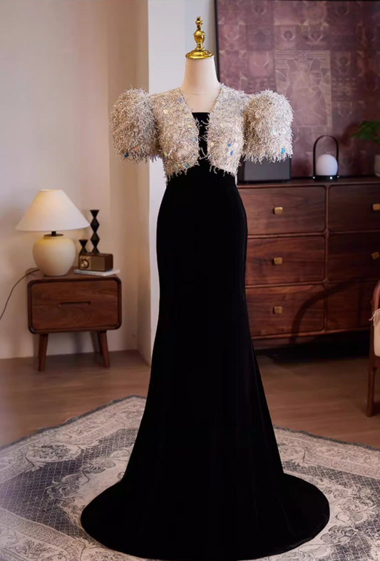 New Tendency Strapless Mermaid Evening Dresses Sequins Puff Short Sleeve Prom Dress AP5569