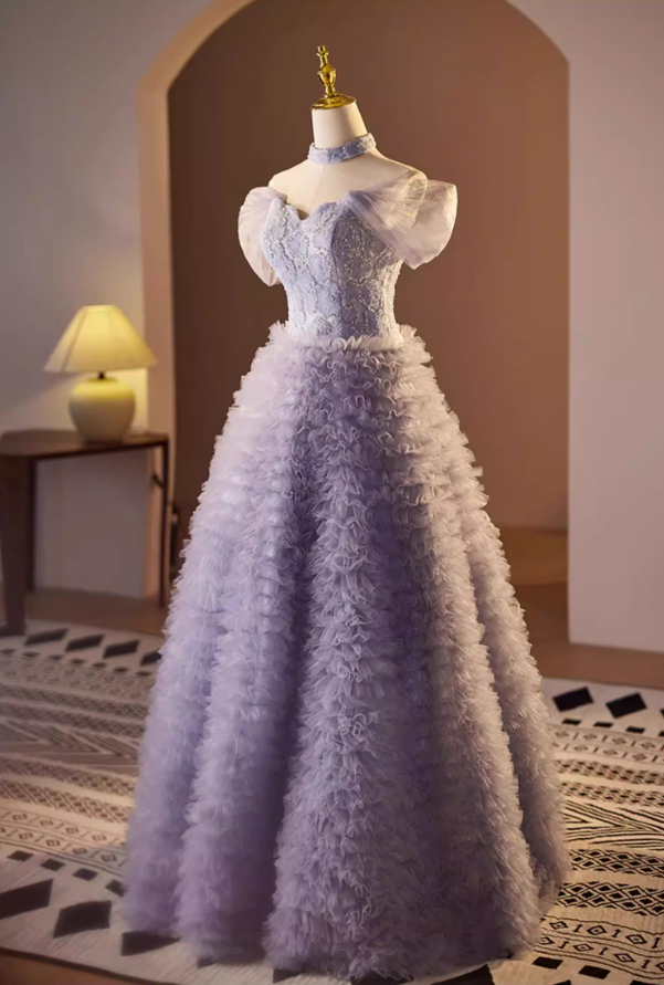 Fairy A-Line Off-Shoulder Tiered Sweet 16th Dresses Sequins Beading Floral Ruffled Tulle Prom Dress AP5570