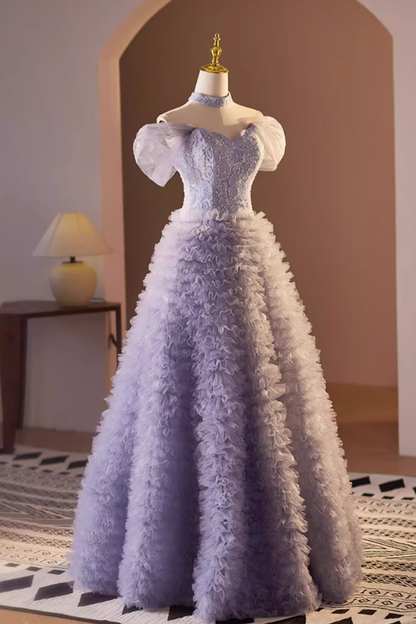 Fairy A-Line Off-Shoulder Tiered Sweet 16th Dresses Sequins Beading Floral Ruffled Tulle Prom Dress AP5570