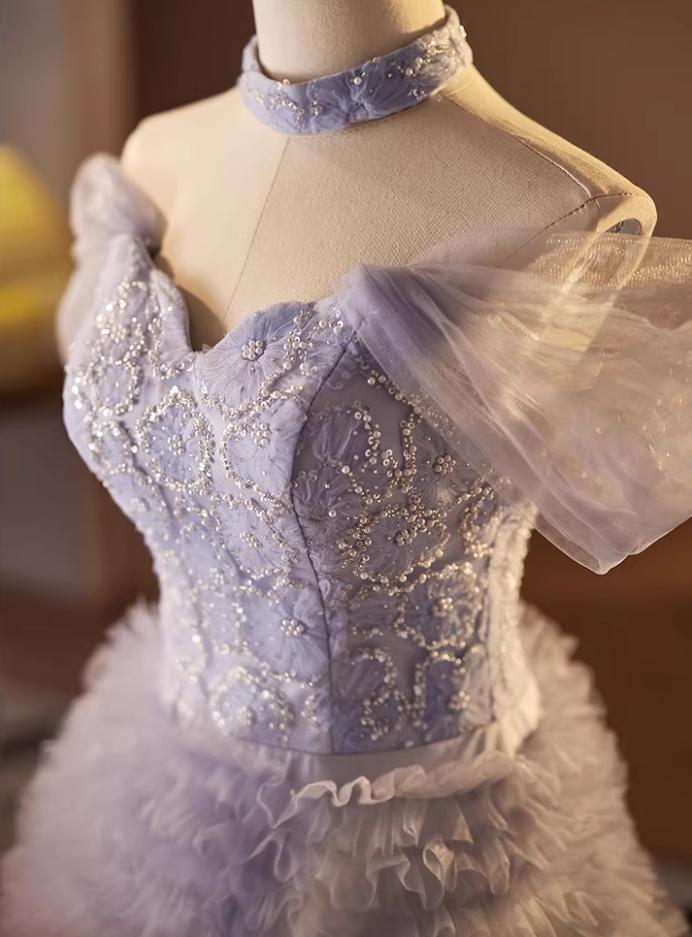 Fairy A-Line Off-Shoulder Tiered Sweet 16th Dresses Sequins Beading Floral Ruffled Tulle Prom Dress AP5570