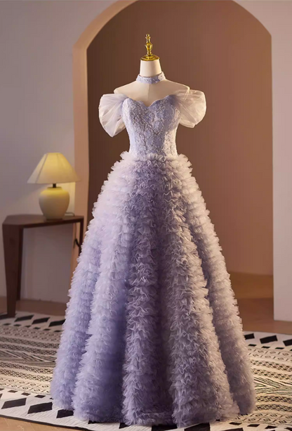 Fairy A-Line Off-Shoulder Tiered Sweet 16th Dresses Sequins Beading Floral Ruffled Tulle Prom Dress AP5570