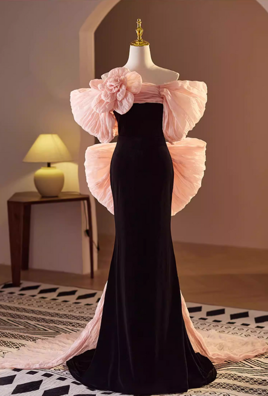 Exquisite Off-Shoulder Black Mermaid Sweet 16th Dresses Bow Train Handmade Flower Prom Dress AP5571