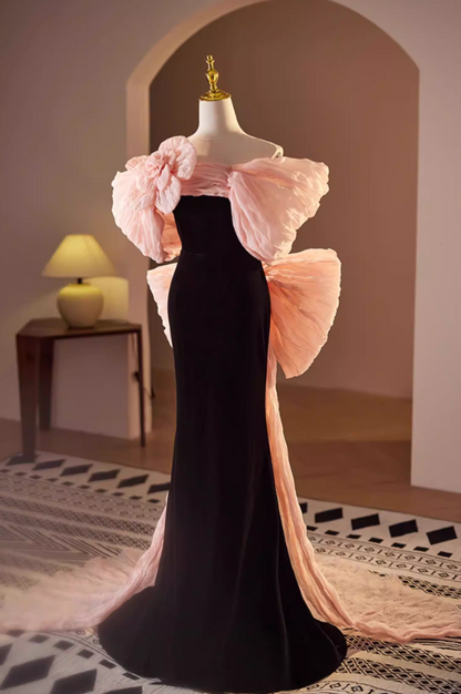 Exquisite Off-Shoulder Black Mermaid Sweet 16th Dresses Bow Train Handmade Flower Prom Dress AP5571